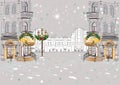 Hand drawn vector Illustration of the snowy cafe entrance decorated with a New Year`s garland.